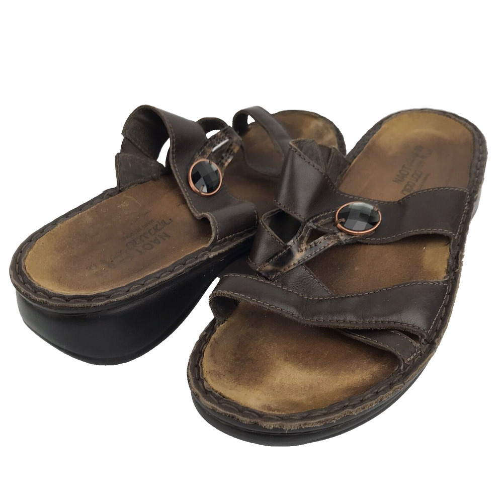 NAOT Brown Leather Sandals Strappy Slides Jewel Women's Size EUR 39 US 8